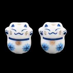 Синий Печатные ручной фарфоровые бусы, Maneki Neko, синие, 14x13x11.5~12 мм, отверстие : 2.5 мм