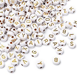 Golden Plated Plating Acrylic Beads, for Name Bracelets & Jewelry Making, Metal Enlaced, Horizontal Hole, Mixed Letters, Flat Round, Golden Plated, 7x4mm, Hole: 1.8mm, about 3650pcs/500g