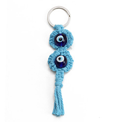 Royal Blue Cotton Woven Resin Evil Eye Keychains, with Tassel, for Car Handbag Purse Craft Decoration, Royal Blue, 14.5cm