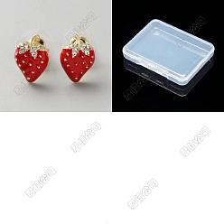 Golden 1 Pair Zinc Alloy Enamel Stud Earrings, with Rhinestone, Strawberry, Golden, 13x9.5mm