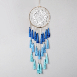Deep Sky Blue Iron Bohemian Woven Web/Net with Feather Pendant Decorations, with Tassel for Home Bedroom Hanging Decorations, Deep Sky Blue, 830x200mm