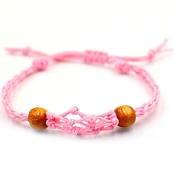 Pearl Pink Adjustable Braided Cotton Cord Macrame Pouch Bracelet Making, Interchangeable Stone, with Wood Beads, Pearl Pink, 900mm, Pouch: 40~45mm