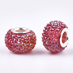 Red Resin Rhinestone European Beads, Large Hole Beads, with Platinum Tone Brass Double Cores, AB Color, Rondelle, Berry Beads, Red, 14x10mm, Hole: 5mm