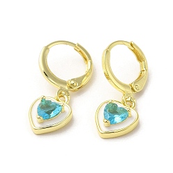 Sky Blue Heart Real 18K Gold Plated Brass Dangle Leverback Earrings, with Enamel and Glass, Sky Blue, 23.5x9mm