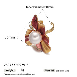 Цветок День святого Валентина 304 Открытые кольца-манжеты из нержавеющей стали с прозрачными кубическими цирконами и пластиковым жемчугом, золотые, цветок, 18 мм
