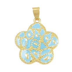 Sky Blue Brass Pendants, with Enamel, Flower Charms, Cadmium Free & Lead Free, Rack Plating, Long-Lasting Plated, Real 18K Gold Plated, Sky Blue, 27x24.5x2mm, Hole: 4x6mm