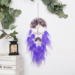Blue Violet Double Circle Tree of Life Natural Amethyst Chips Double Circle Woven Web/Net with Feather Decorations, Home Decoration Ornament Festival Gift, Blue Violet, 160mm