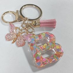 Letter B Acrylic and Resin Keychain, with Tassel, Alloy Rings, Butterfly, 10cm, Pendant: 23~43mm