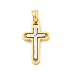 Золотой & Цвет Нержавеющей Стали 304 подвески из нержавеющей стали, с четким кубического циркония, крест прелести, ионное покрытие (ip), золотые и нержавеющая сталь цвет, 30x17x2.5 мм, отверстие : 5.2x5 мм