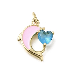 Pink Латунные микро проложить кубического циркония подвески, дельфин с сердечками, с эмалью, реальный 18 k позолоченный, розовые, 18x15.5x5 мм, отверстие : 3 мм