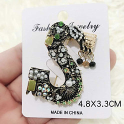 Letter S Rhinestone Initial Letter with Imitation Pearl Beaded Brooch Pin, Golden Zinc Alloy Badge for Backpack Clothes, Letter.S, 48x33mm