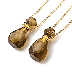 Synthetic Gemstone Openable Faceted Synthetic Smoky Quartz Perfume Bottle Pendant Necklaces for Women, 304 Stainless Steel Cable Chain Necklaces, Golden, 18.54 inch(47.1cm)