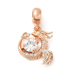 Rose Gold Rack Plating Brass Pave Clear Cubic Zirconia European Dangle Charms, Large Hole Dragon Pendants, Cadmium Free & Lead Free, Long-Lasting Plated, Rose Gold, 25.5mm, Dragon: 17x16x4mm, Hole: 4.7mm