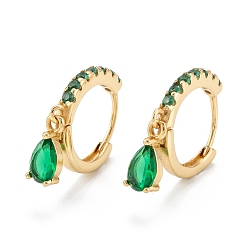 Green Brass Micro Pave Cubic Zirconia Huggie Hoop Earrings, Real 18K Gold Plated, Teardrop, Green, 22.5x14.5x2mm, Pin: 0.8mm