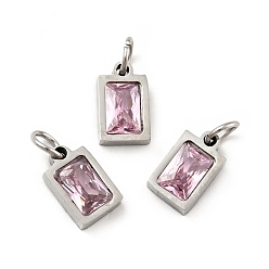 Pearl Pink 304 Stainless Steel Pendants, with Cubic Zirconia and Jump Rings, Single Stone Charms, Rectangle, Stainless Steel Color, Pearl Pink, 9.5x6x3mm, Hole: 3.6mm