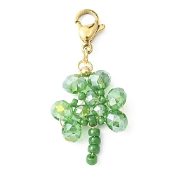 Lime Green Glass Pendant Decoration, with 304 Stainless Steel Lobster Claw Clasps, Clover, Lime Green, 38~39.5mm, Pendant: 25~25.5x19x5mm
