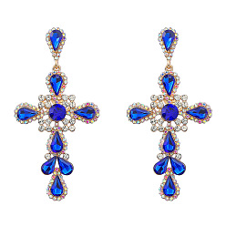 Sapphire Alloy Rhinestone Cross Stud Earrings, Bohemia Style Earrings for Women, Sapphire, 80x40mm