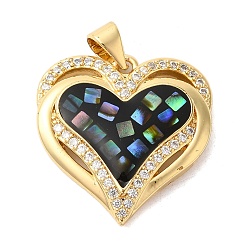 Черный Сердце латунные микро проложить кубического циркония подвески, с эмалью и ракушкой, долговечный, без свинца и без кадмия, реальный 18 k позолоченный, чёрные, 21x21x4 мм, отверстие : 4x5 мм