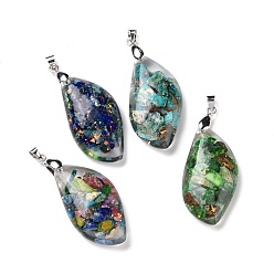 Mixed Color Transparent Resin Natural Imperial Jasper Dyed Chips Pendants, with Platinum Tone Brass Findings, Leaf Charm, Mixed Color, 34.5x18x8mm, Hole: 5x4mm