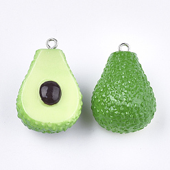 Green Resin Pendants, with Platinum Tone Iron Findings, Imitation Food, Avocado, Green, 29~31x21x17mm, Hole: 2mm