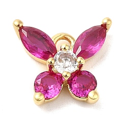 Medium Violet Red Brass Micro Pave Cubic Zirconia  and Glass Pendants, Lead Free & Cadmium Free, Long-Lasting Plated, Real 18K Gold Plated, Butterfly, Medium Violet Red, 9x10x3.5mm, Hole: 1.2mm