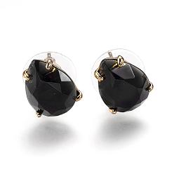 Obsidian Natural Obsidian Stud Earrings, with Golden Tone Brass Findings, Faceted Teardrop, 13.5~14x10.5mm, Pin: 0.8mm