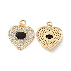 Black Heart Brass Micro Pave Cubic Zirconia Pendants, with Jump Rings, Cadmium Free & Nickel Free & Lead Free, Real 18K Gold Plated, Black, 18x17x4mm, Hole: 3mm