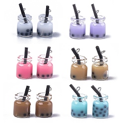 Mixed Color Glass Bottle Pendants, with Resin Inside and Iron Findings, Imitation Bubble Tea/Boba Milk Tea, Mixed Color, 20~25x11~14x11mm, Hole: 1.8mm