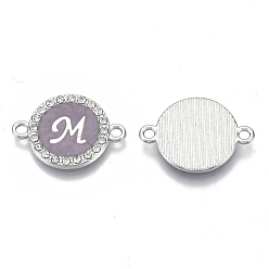 Letter M Alloy Enamel Links Connectors, with Crystal Rhinestones, Flat Round with Letter, Silver Color Plated, Letter.M, 22x16x2mm, Hole: 1.8mm