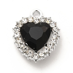 Black Alloy Glass Pendants, Crystal Rhinestone Heart Charm, Platinum, Black, 19x16x5.8mm, Hole: 2mm