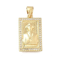 Настоящее золото 18K Латунные микропаве прозрачные подвески с фианитом, прямоугольник амулеты, реальный 18 k позолоченный, без кадмия и без свинца, стойки покрытие, долговечный, реальный 18 k позолоченный, 20.5x12x2.5~3 мм, отверстие : 3.5x4 мм