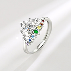 Platinum Colorful Rhinestone Lotus Flower Adjustable Rings, Brass Finger Ring, Platinum, US Size 8(18.1mm)