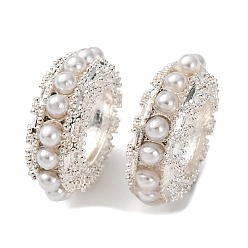 Серебро Латуни европейского бисера, с ABS имитации жемчуга, бусины с большим отверстием, стойки покрытие, долговечный, без свинца и без кадмия, плоско-круглые, серебряные, 12x4.5 мм, отверстие : 6 мм