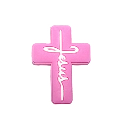Camellia Cross with Word Jesus Food Grade Silicone Beads, Silicone Teething Beads, Camellia, 30x22.2mm