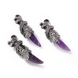 Amethyst Natural Amethyst Pendants, with Antique Silver Tone Alloy Dragon, 61~65x20.5~21x16mm, Hole: 7x6.5mm