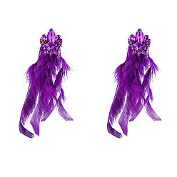 purple Exaggerated Alloy Inlaid Rhinestone Flower Long Feather Tassel Earrings for Women Bohemian Artistic Chic Ear Jewelry