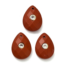 Красный Камень Природные красной яшмы подвески, граненые подвески-слезинки с золотистой латунной микропаве прозрачными кубическими цирконами, золотые, 18x13x6.5~7 мм, отверстие : 1 мм