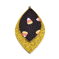 Gold Halloween Theme Imitation Leather Pendant, with Iron Jump Ring, Double Leaf with Candy, Gold, 59x35x3mm, Hole: 5mm