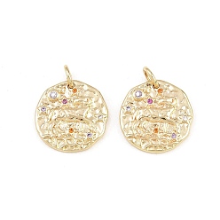 Aries Brass Micro Pave Colorful Cubic Zirconia Charms, Round with Constellation Charms, Rack Plating, Long-Lasting Plated, Cadmium Free & Lead Free, Golden, Aries, 14~15x14~15x1.6~2.2mm