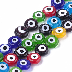 Mixed Color Handmade Evil Eye Lampwork Beads Strands, Flat Round, Mixed Color, 9.5x3.5mm, Hole: 1.2mm, about 38pcs/strand, 14.1 inch~14.5 inch