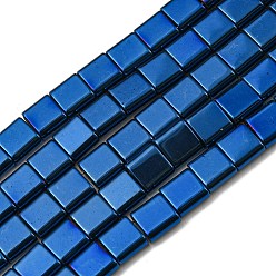Blue Electroplated Non-magnetic Synthetic Hematite Beads Strands, Square, 2-Hole, Blue, 6x6x3mm, Hole: 1.2mm, about 69pcs/strand, 15.55 inch(39.5cm)