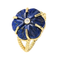 Ляпис-Лазурь Кольца-манжеты с цветком натурального лазурита, с прозрачным кубическим цирконием и латунными кольцами, золотые, стойки покрытие, Цветок: 17x16.5 мм, внутренний диаметр: 17 мм