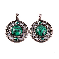 Малахит Синтетического малахита подвески, покрытие стойки латунные полые плоские круглые подвески, без кадмия и без свинца, Красная медь, 36.5x33x9.5 мм, отверстие : 7.5x5 мм