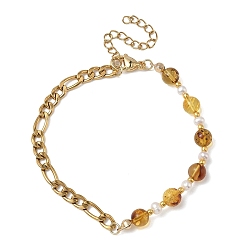 (932FM) Темно-синий аква-матовый с подкладкой Браслеты из натуральных янтарных бусин и культивированного пресноводного жемчуга., 304 браслеты из нержавеющей стали с цепочками Фигаро для женщин, круглые, темно-золотистые, 7.20 дюйм (18.3 см)