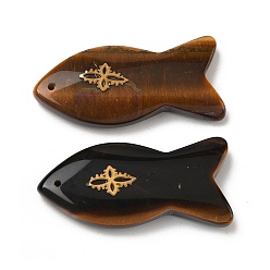 Тигровый глаз Природных тигровый глаз подвески, Подвески в виде рыбок с золотистым оттенком 304 кусочки цветов из нержавеющей стали, 39~41x18.8~19.5x6.5~7.2 мм, отверстие : 1.2 мм