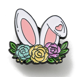 Flower Easter Rabbit Egg Flower Enamel Pins, Lovely Bunny Badge, Black Alloy Brooch for Backpack Clothes, Flower, 28x29x1.5mm