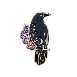 Black Raven Flower Enamel Pins, Golden Alloy Brooch, Gothic Style Jewelry Gift, Black, 35x21mm