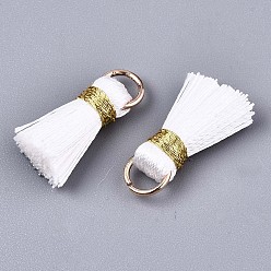White Handmade Polycotton(Polyester Cotton) Tassel Decorations, Pendant Decorations, with Golden Iron Loops, White, 17~21x10x5mm, Jump Ring: 6x0.7mm, Inner Diameter: 4.6mm