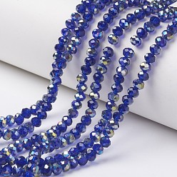 Blue Electroplate Transparent Glass Beads Strands, Half Green Plated, Faceted, Rondelle, Blue, 6x5mm, Hole: 1mm, about 92~94pcs/strand, 17~17.5 inch(42.5~43.75cm)