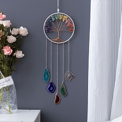 Mixed Stone Tree of Life Natural Mixed Gemstone & Agate Woven Net Suncatchers, Chakra Theme Hanging Pendant Decorations with Glass Beaded, 660mm
